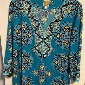 JM Collection Blue Geometric Studded V-Neck 3/4 Sleeve Tunic Blouse XL
